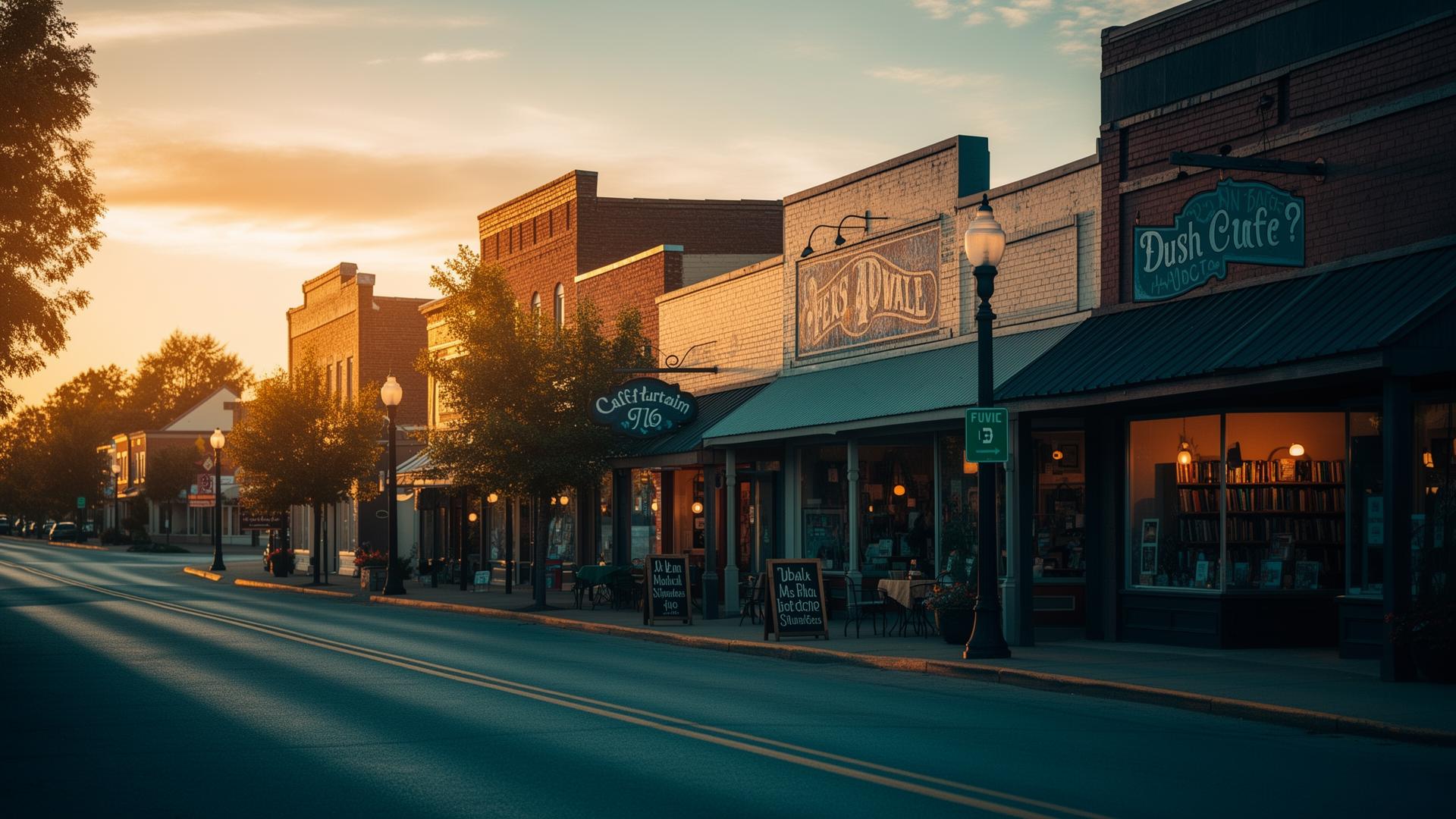 Small-town main street at golden hour